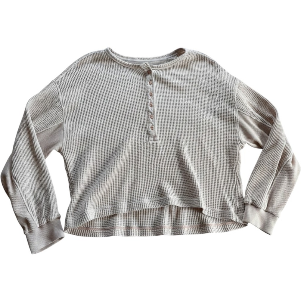 Aerie Womens Henley Waffle Knit‎ Long Sleeve Top Light Pink Size L